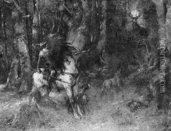 Heiliger Hubertus Auf Der Jagd Im Wald, Rechts Die Erscheinung Des Hirschen Oil Painting - Ferdinand Leeke