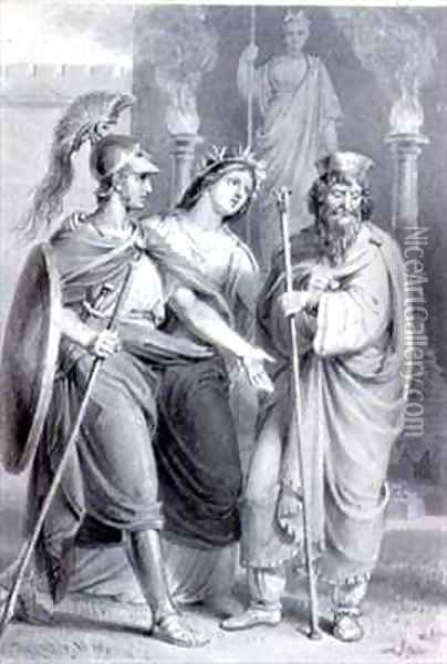 Warrior accompanied by a woman addressing a Priest in the Precincts of a Temple Oil Painting - Edward Francis Burney