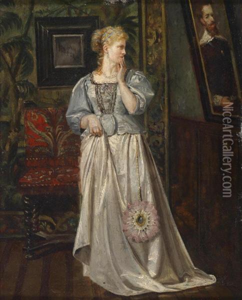 Lady In A Historicistinterior Looking At A Picture Oil Painting - Rogelio Egusquiza Y Barrena