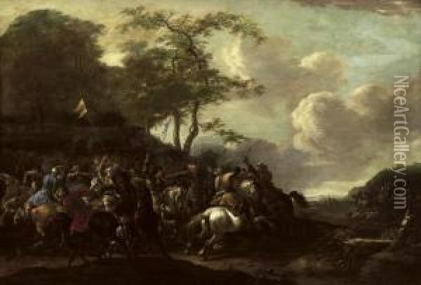 A Cavalry Skirmish Between Christians And Turks Oil Painting - Simon Johannes van Douw