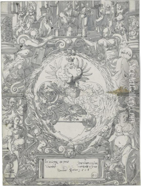 An Elaborate Coat Of Arms With The Calumny Of Apelles Above Oil Painting - Werner Kubler