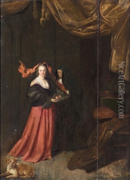 An Interior With A Young Lady Holding A Plate Of Fruit Together With An Elderly Lady And A Dog Resting In The Foreground Oil Painting - Pieter Jacobsz Duyfhuysen
