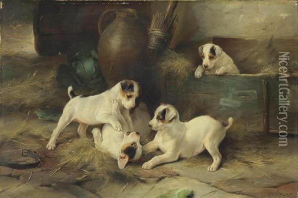 Four Puppies At Play Oil Painting - Walter Hunt