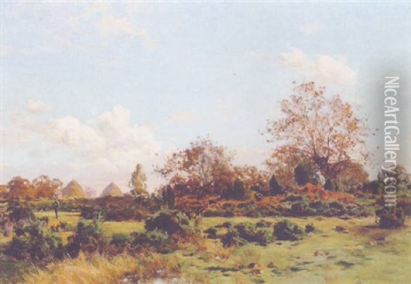 Hay Stooks In A Summer Landscape Oil Painting - Albert Gabriel Rigolot