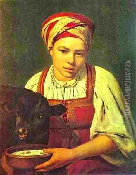 A Peasant Girl With A Calf 1820s Oil Painting - Aleksei Gavrilovich Venetsianov