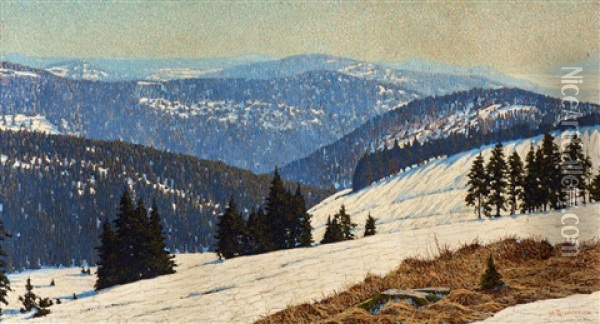The End Of Winter - Vast Black Forest Landscape With Fir Trees Oil Painting - Hermann Dischler