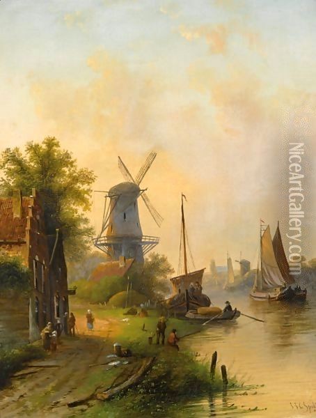 A River Landscape With A Windmill Oil Painting - Jan Jacob Coenraad Spohler