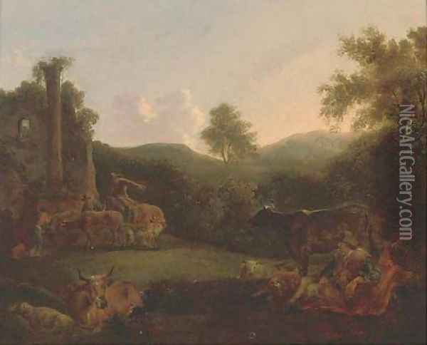 A wooded landscape with a shepherd resting with his flock and drovers and their cattle by classical ruins Oil Painting - Nicolaes Berchem
