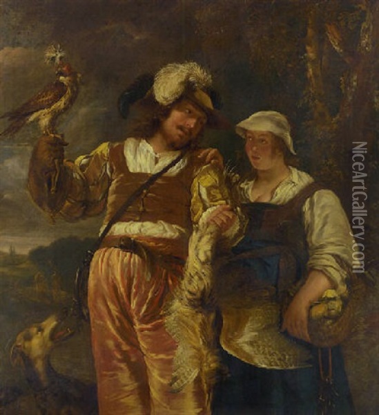 A Falconer And His Wife With A Hawk, Dog And A Dead Bittern Oil Painting - Jan van Noordt