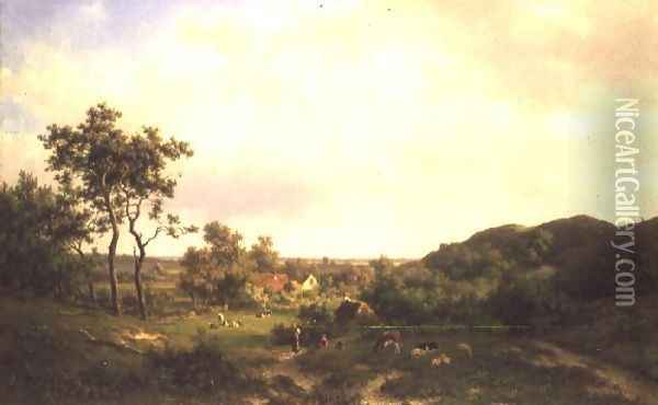 Dutch Landscape with cows and figures Oil Painting - Willem Vester