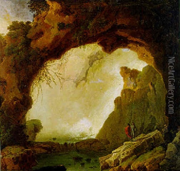Two Figures Standing Under A Natural Arch Near A Waterfall Oil Painting - Francesco Fidanza