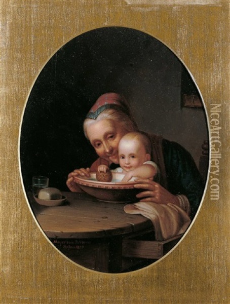 Bei Der Toilette. Grossmutter Das Enkelkind Waschend Oil Painting - Johann Georg Meyer von Bremen