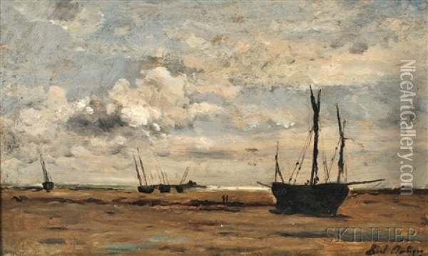 Sailing Vessels Beached At Low Tide Oil Painting - Karl Pierre Daubigny