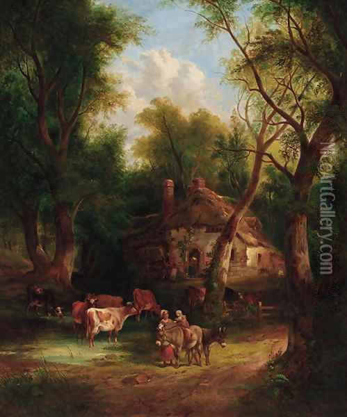 Countryfolk before a cottage in a wooded landscape Oil Painting - William Joseph Shayer