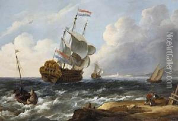 A Dutch Man-o'-war Offshore In Choppy Seas Oil Painting - Bonaventura Ii Peeters