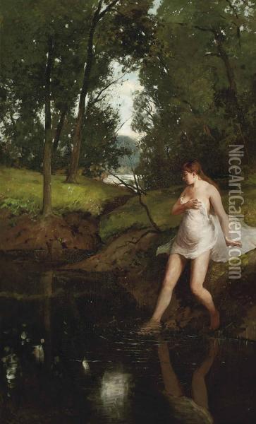 Bathing In A Forest Lake Oil Painting - Gerard Jan Bos