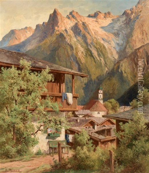 Mittenwald. Blick Auf Das Kirchdorf Vor Malerischem Gebirgsmassiv Oil Painting - Albert Leonhard Reinhardt