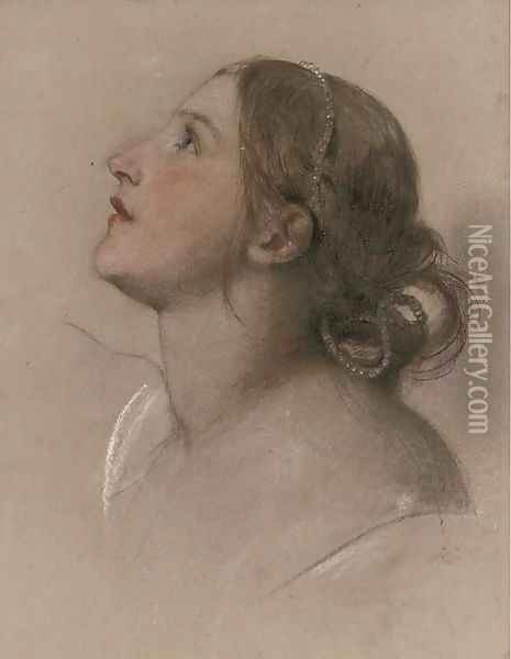 Study of the head of a girl, in profile to the left, with pearls in her hair Oil Painting - English School