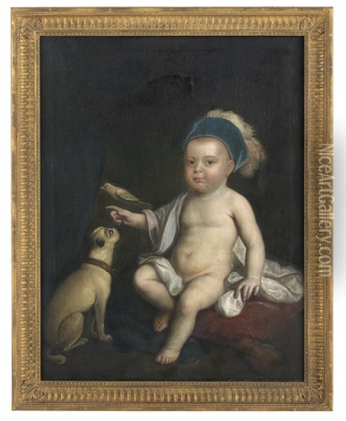 Portrait Of A Seated Toddler Wearing A Pudding Cap Oil Painting - Charles Bridges