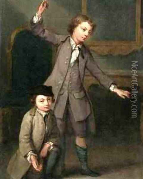 Two Boys of the Nollekens Family Probably Joseph and John Joseph Playing at Tops 1745 Oil Painting - Joseph Francis Nollekens