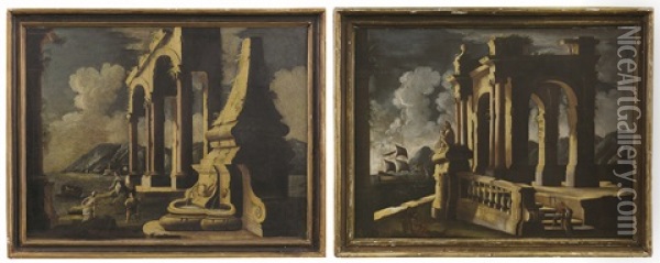 Marine Con Capricci Architettonici E Figure (pair) Oil Painting - Leonardo Coccorante