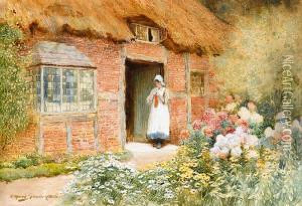 Knitting At The Cottage Door Oil Painting - Arthur Claude Strachan