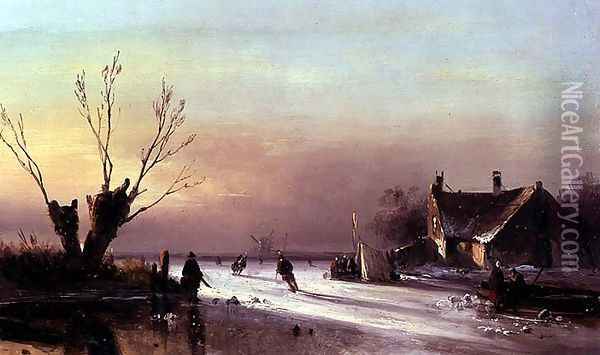 An Evening Scene on Ice Oil Painting - Nicholas Jan Roosenboom