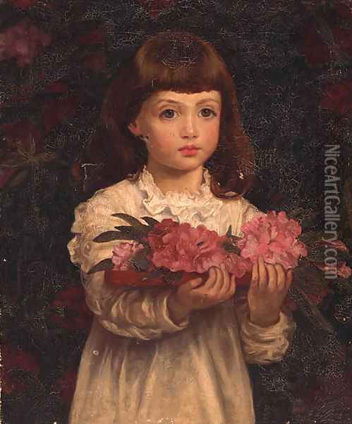 A Young Girl Collecting Rhododendron Flowers Oil Painting - Anna Lea Merritt