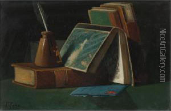 Books And Inkwell Oil Painting - John Frederick Peto