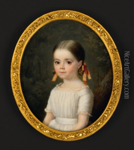 Portrait De Fillette A La Robe Blanche Et Aux Nattes Retenues Par Des Rubans Roses Dans Un Paysage Oil Painting - Cecile Villeneuve