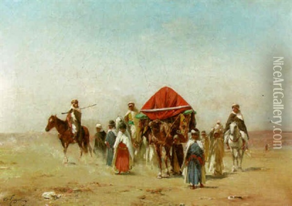 Desert Landscape With An Arab Caravan And Soldiers On Horseback Oil Painting - Victor Pierre Huguet