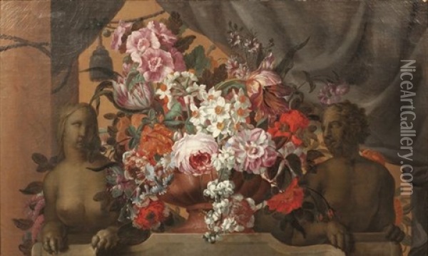 Compositions Florales Dans Des Vases De Pierre Entoures D'un Sphinx Et D'une Sphinge (pair) Oil Painting - Claude Nicolas Huilliot