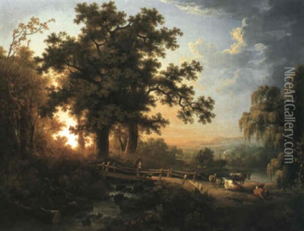 A Wooded River Landscape, With A Faggot Gatherer With Cattle And Sheep Oil Painting - Abraham Pether