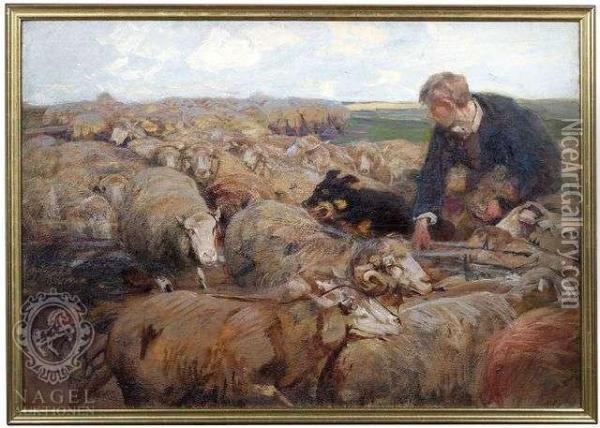 Flock Ofsheep With Herdsman Oil Painting - Heinrich Johann Von Zugel