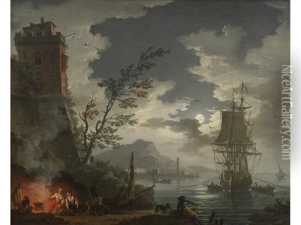 A Moonlit Mediterranean Sea Port With Figures Surrounding A Fire Oil Painting - Charles Francois Lacroix