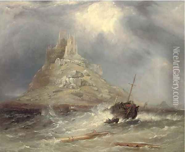 A wreck running ashore below St. Michael's Mount Oil Painting - George Chambers