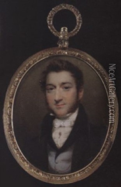 A Gentleman Wearing Dark Grey Coat With Black, Pale Blue Waistcoat With Black Velvet Collar, Tied White Stock And Cravat Held With Stickpin Oil Painting - James Heath Millington