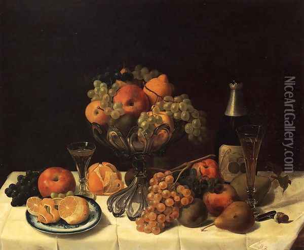 Fruit Still Life with Champagne Bottle Oil Painting - Severin Roesen