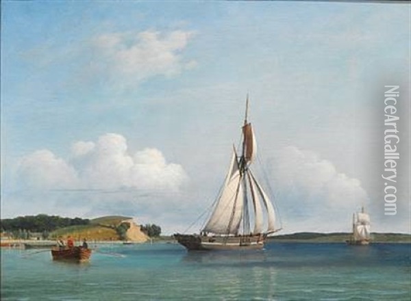 Seascape With Sailing Boats Off The Coast At Dyreborg Near Faborg Oil Painting - Carl Dahl