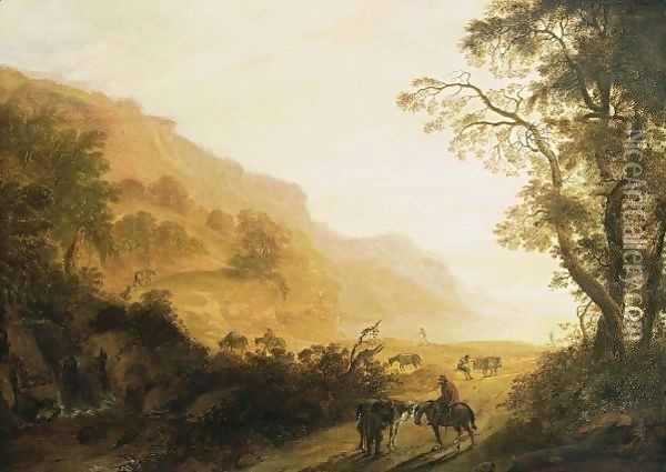 An Italianate Hilly Landscape With Horsemen Resting In The Foreground, Travellers With Donkeys On A Path, And A Waterfall Nearby Oil Painting - Cornelis Matthieu
