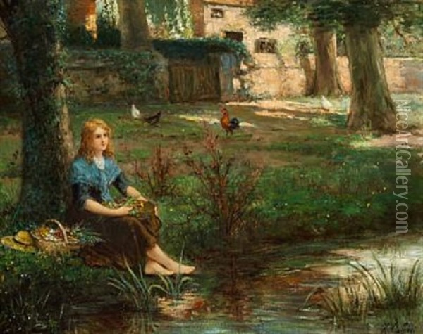 Young Girl Taking A Rest On The Bank Of A Stream Oil Painting - Hector Caffieri
