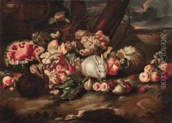 Natura Morta Di Frutta Su Sfondo Di Paesaggio Olio Su Tela Oil Painting - Bartolomeo Castelli Spadino