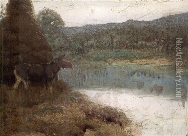 Moose At Lakeside Oil Painting - Edwin Willard Deming