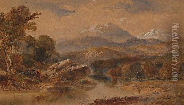A River Landscape With Snow Capped Mountains Beyond. Oil Painting - John Varley
