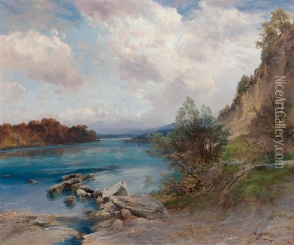 Isar Landscape Oil Painting - Josef Wenglein