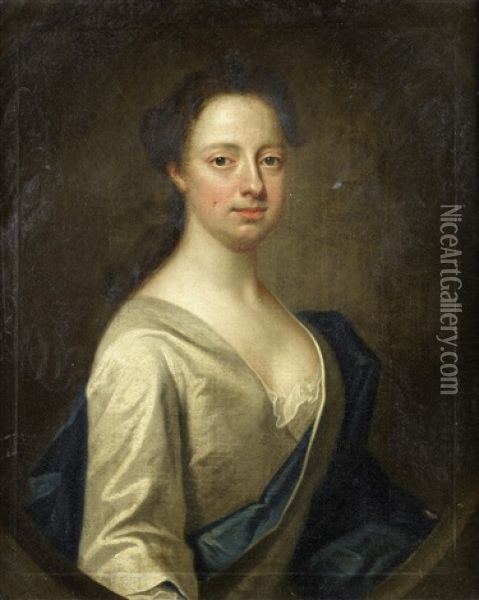 Portrait Of A Lady, Half-length, In A White Silk Dress And A Blue Sash Oil Painting - James Fellowes