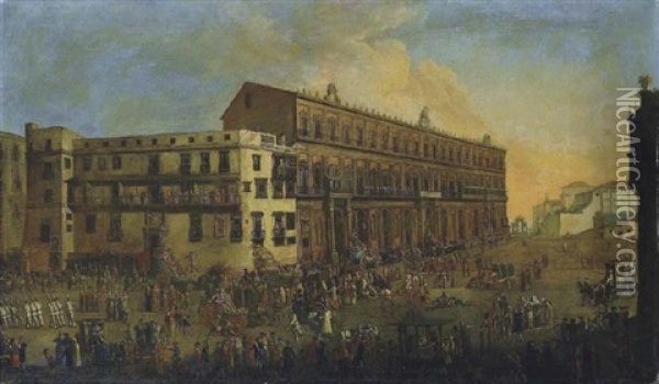Processione Di Carri Allegorici Carnascialeschi A Napoli, Largo Di Palazzo Oil Painting - Alessandro D'Anna