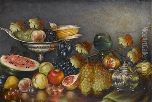 Still Life With Fruit And Silverware Oil Painting - Nicolas Wokos