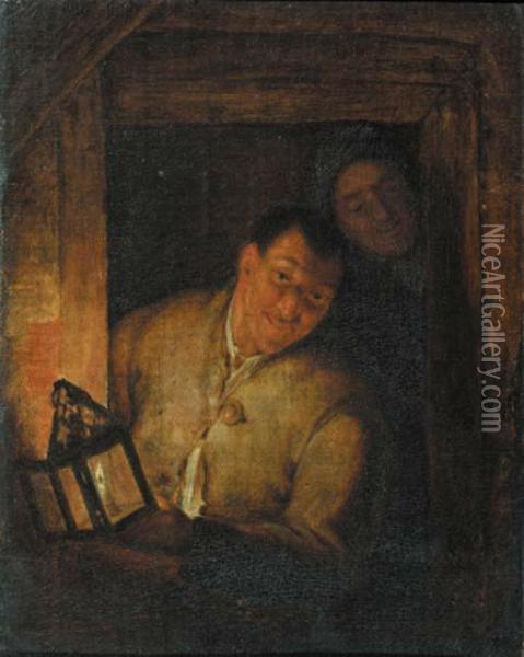 Boors At A Window By Candlelight Oil Painting - Godfried Schalcken