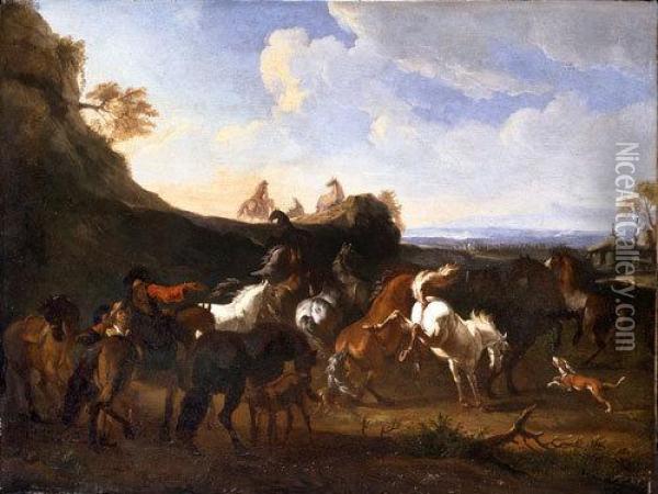 Cavalli Imbizzarriti E Figure In Unpaesaggio Oil Painting - Pieter van Bloemen